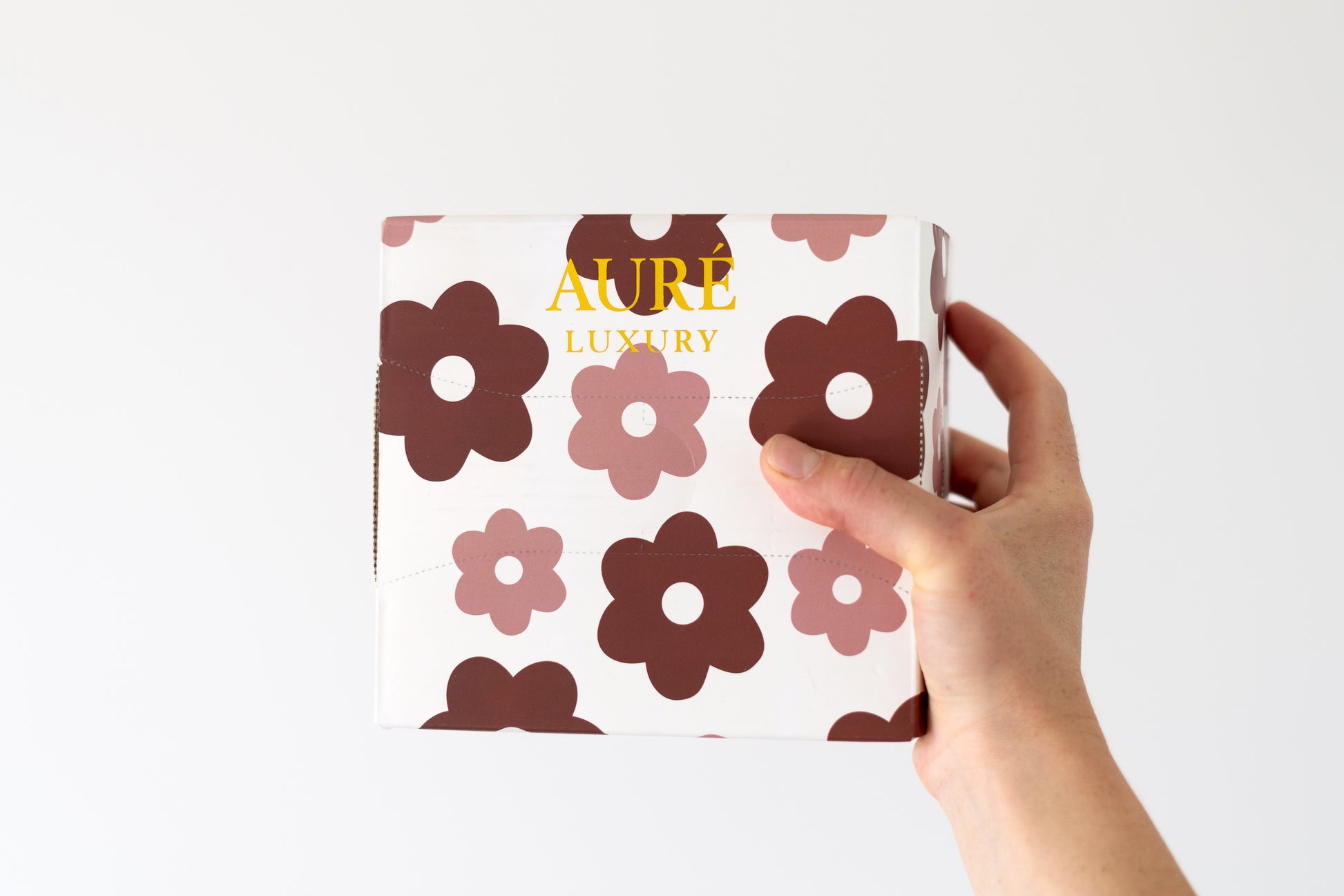 Hand holding a box of Aure Luxury pre-cut embossed hair foils design for salons in australia