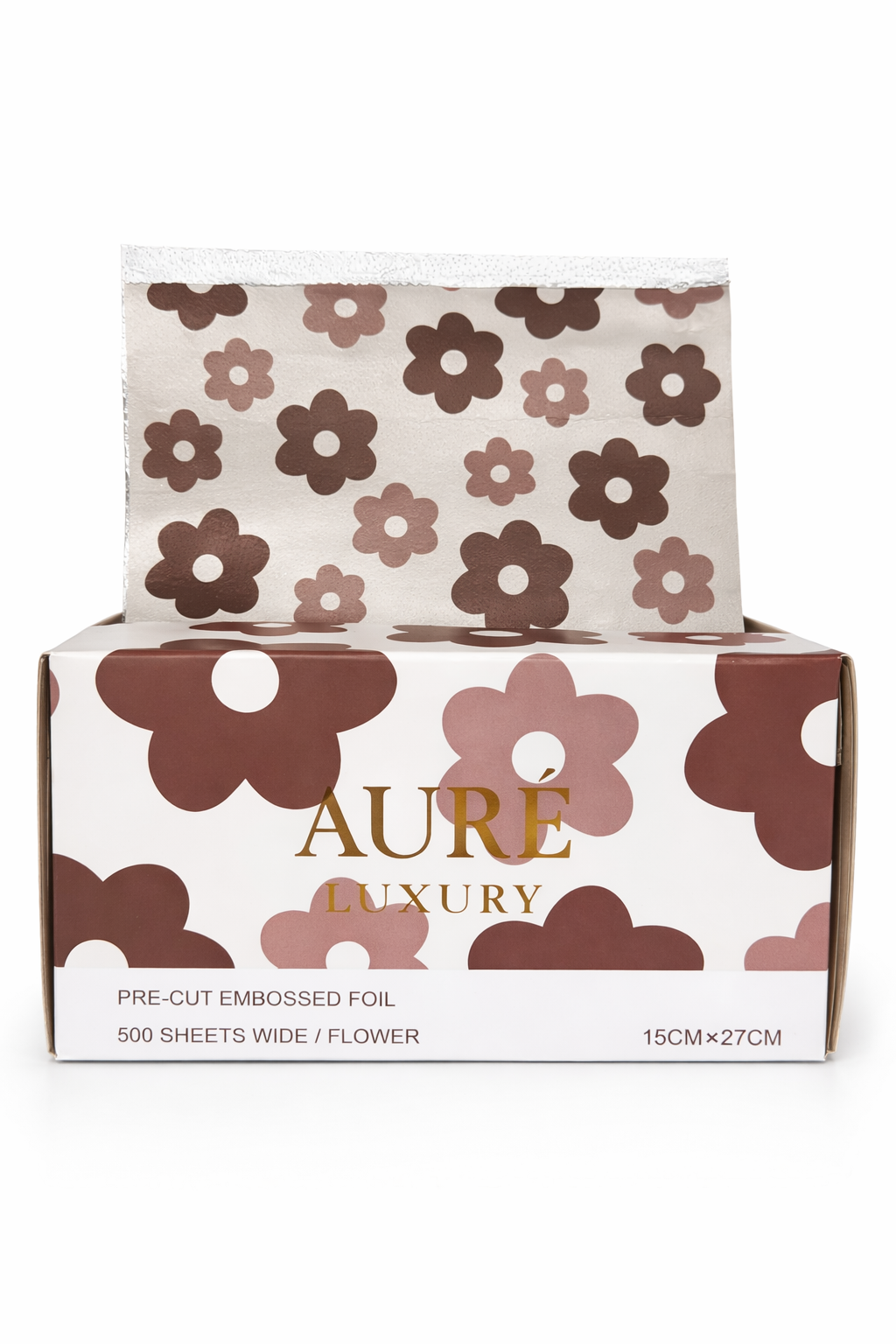 Box of Aure luxury pre-cut embossed foil with floral design on a white background